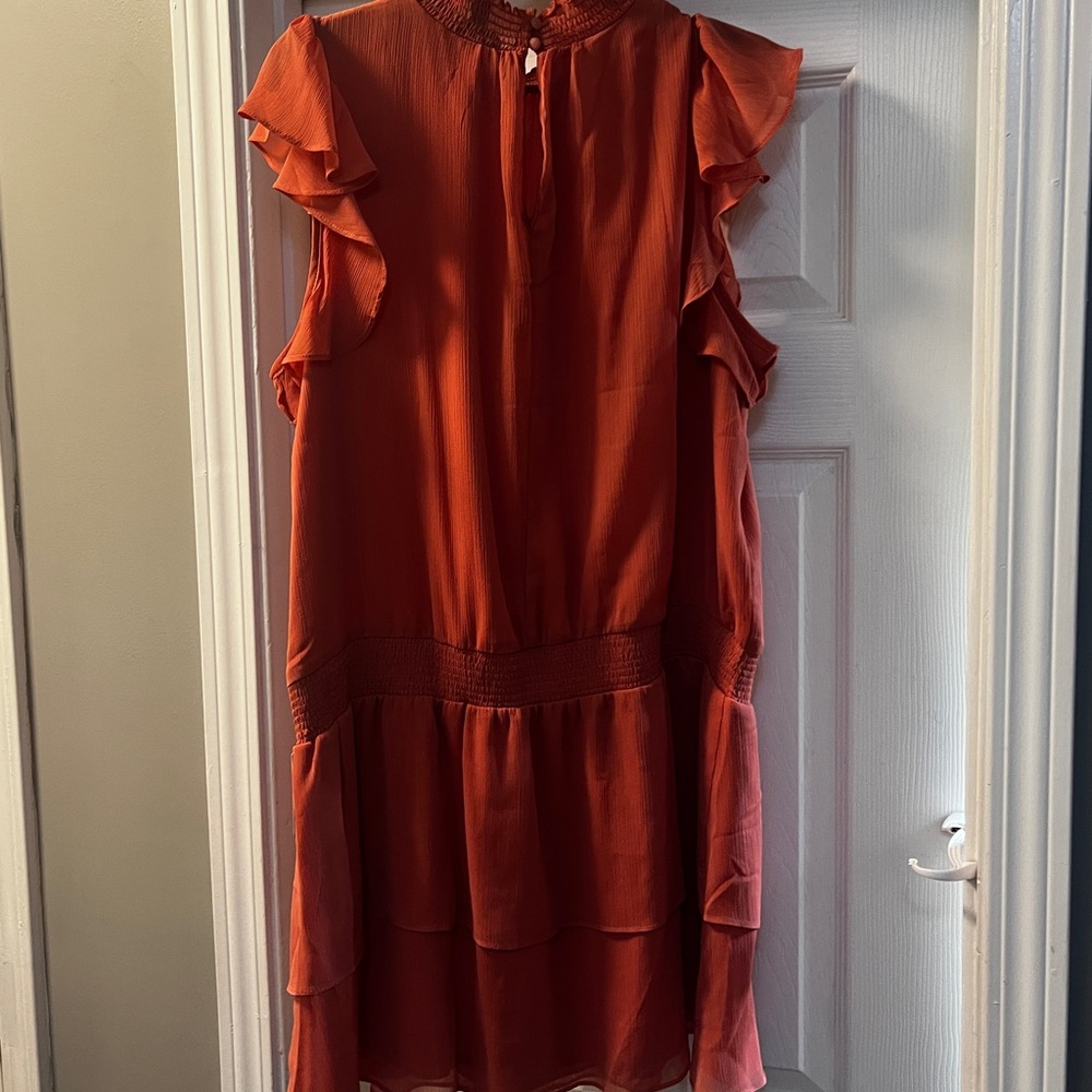 Express Chic Coral Ruffle Dress - Picture 2 of 4